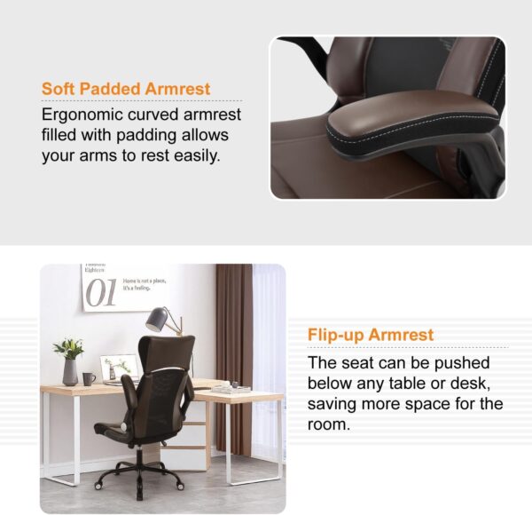 Home Office Chair, Ergonomic Desk Chair with Faux PU Leather Executive Computer Chair-Adjustable Lumbar Support,Headrest, Armrest, Height for Home Office Gaming, Brown - Image 6
