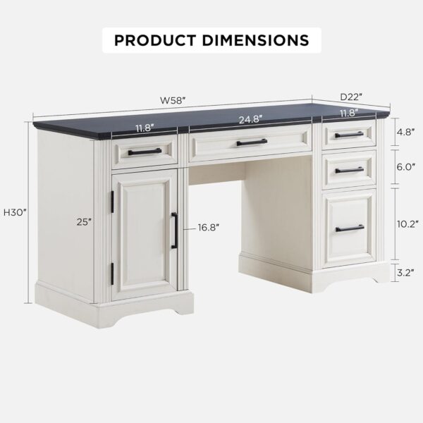 JXQTLINGMU 58" Executive Desk, Farmhouse Computer Desk with Drawers and Cabinet, Embossed Texture Home Office Desk, Workspace for Work Study Writing, Off White - Image 2
