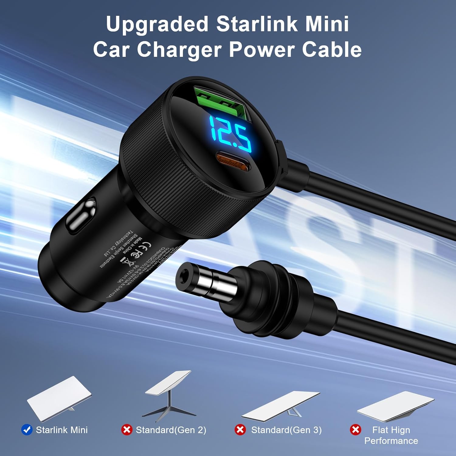 Starlink Mini Cable Car Adapter 3 in1 Starlink Car Charger 10FT DC Power Cable with Digital Display 12V-48V Cigarette Lighter Adapter Durable USB C PD 30W and USB A 18W Ports for Cars,SUVs,Trucks,RV - Image 5