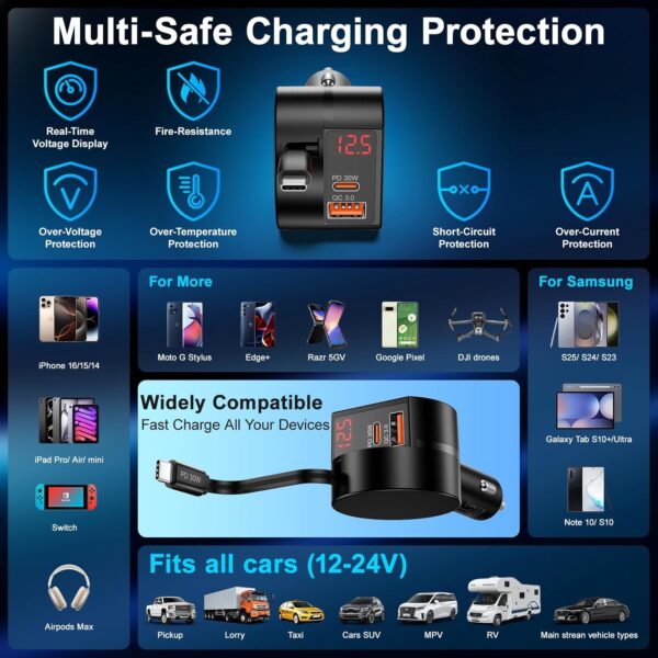 Mini Retractable Car Charger,65W Fast Charging USB C Car Charger with Retractable Cable,3 Port Type C Cigarette Lighter Adapter,Car Accessories for iPhone 16 15 14 Pro Max,Galaxy,iPad,Pixel,AirPods - Image 8