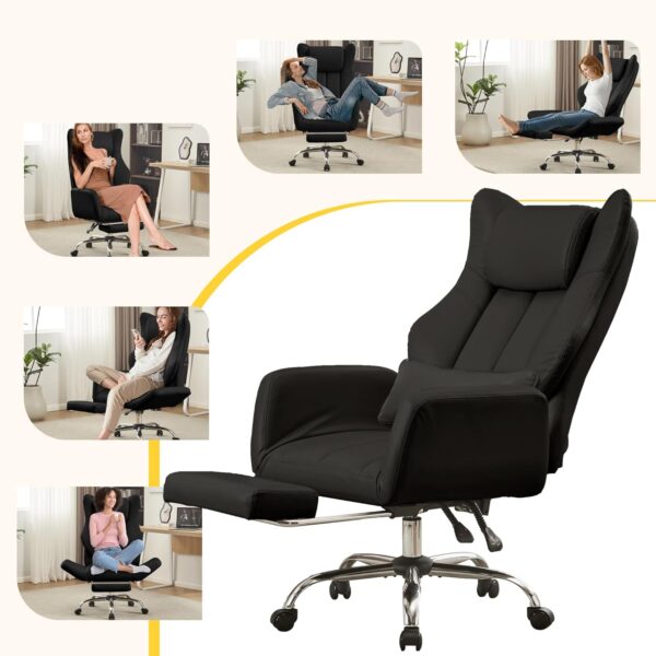 Ergonomic Cross Legged Office Chair with Footrest,Big and Tall Leather Executive Chair with Reversible Armrest,Lumbar Pillow and Wheels,135° Reclining Computer Wide Desk Chair for Home,Office (Black) - Image 8