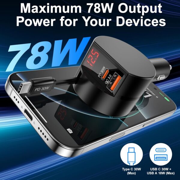 Mini Retractable Car Charger,65W Fast Charging USB C Car Charger with Retractable Cable,3 Port Type C Cigarette Lighter Adapter,Car Accessories for iPhone 16 15 14 Pro Max,Galaxy,iPad,Pixel,AirPods - Image 2