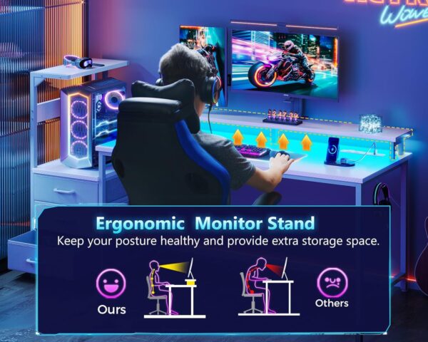 Casaottima 59 Inch Gaming Desk with USB Charging Ports & LED Light - Reversible Computer Desk with 3 Fabric Drawers, Monitor Stand, CPU Stand, and Side Hook, Modern Office Desk, White - Image 7