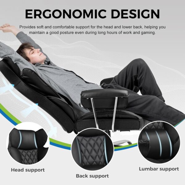 GTRACING Gaming Chair,Office Chair with Pocket Spring Lumbar Support, Ergonomic Comfortable Wide Office Desk Computer Chair with Outward Fixed Soft Armrests and Footrest (PU Leather, Black) - Image 3