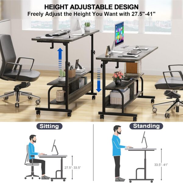 Height Adjustable Standing Desk with Power Outlets, 47" Manual Stand Up Desk with Storage Shelves Small Mobile Rolling Computer Desk Portable Laptop Table with Wheels for Home Office, Grey Oak - Image 6