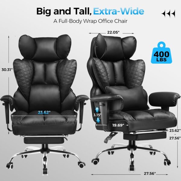 COMHOMA Big and Tall Office Chair 400LBS Wide Ergonomic Gaming Chair with Deluxe Embossing Designed Leather with Foot Rest,150°Reclining Adjustable Armrests Pocket Spring Back Support and Pillow - Image 2
