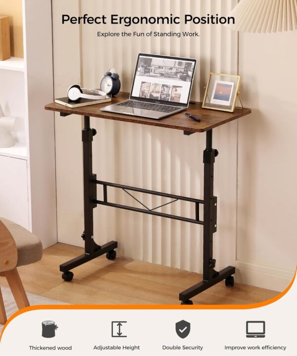 Standing Desk Adjustable Height, Mobile Stand Up Desks with Wheels Small Computer Desks Rolling Desk, Portable Laptop Desks Rustic Standing Table Sit Stand Home Office Desks 16"x31.5" Height 27"-43.5" - Image 2
