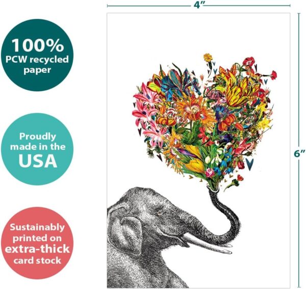 Tree-Free Greetings Love Elephant All Occasion Cards - 12 Recycled 4x6 Notecards & White Envelopes, Thick Cardstock, Sustainably Made in USA - Watercolor Wildlife Art - Image 3