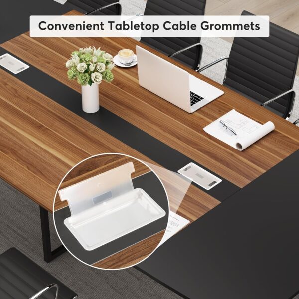 Tribesigns 8FT Conference Table, 94.48L x 47.24W x 29.52H Inches Boat Shaped Meeting Table with Rectangle Grommet, Modern Seminar Boardroom Table for Office Conference Room (8ft, Walnut & Black) - Image 6
