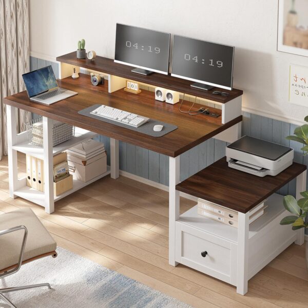 EnHomee 60.4" Computer Desk with Drawer & Storage Shelves, Office Desk with Monitor Stand & Printer Shelf, Farmhouse Study Desk with Power Outlet & LED Light, Work Desk for Home and Study Room, White - Image 3