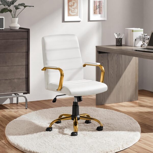 Yaheetech Mid-Back Office Chair PU Leather Desk Chair Adjustable Executive Task Chair w/Lumber Support Gold Leg White Seat - Image 2