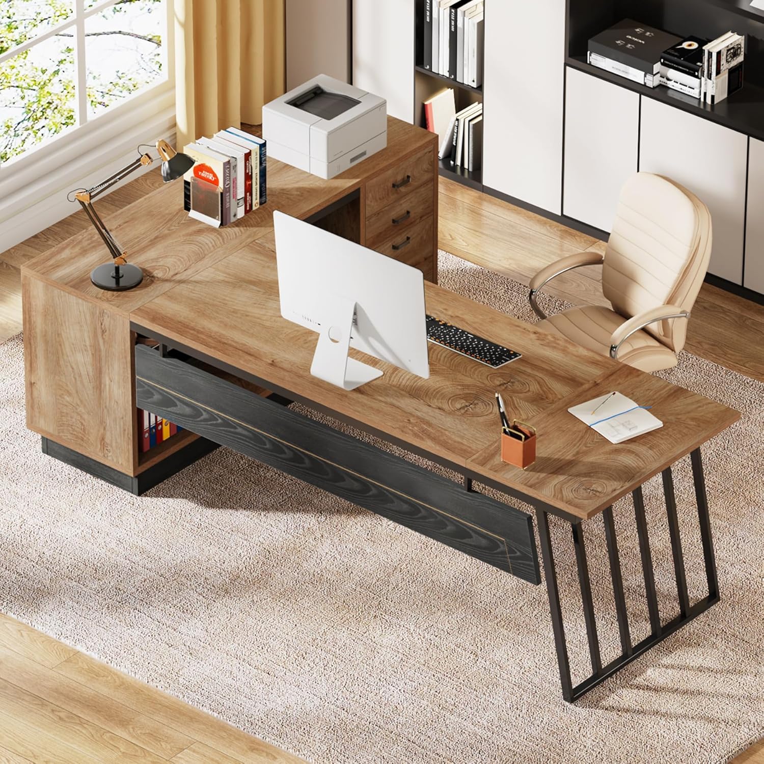 Tribesigns 71-Inch Executive Desk, L-Shaped Desk with Cabinet, Large Office Desk with Drawers and Storage Shelves, Writing Table Computer Desk for Home Office, Oak and Black - Image 5
