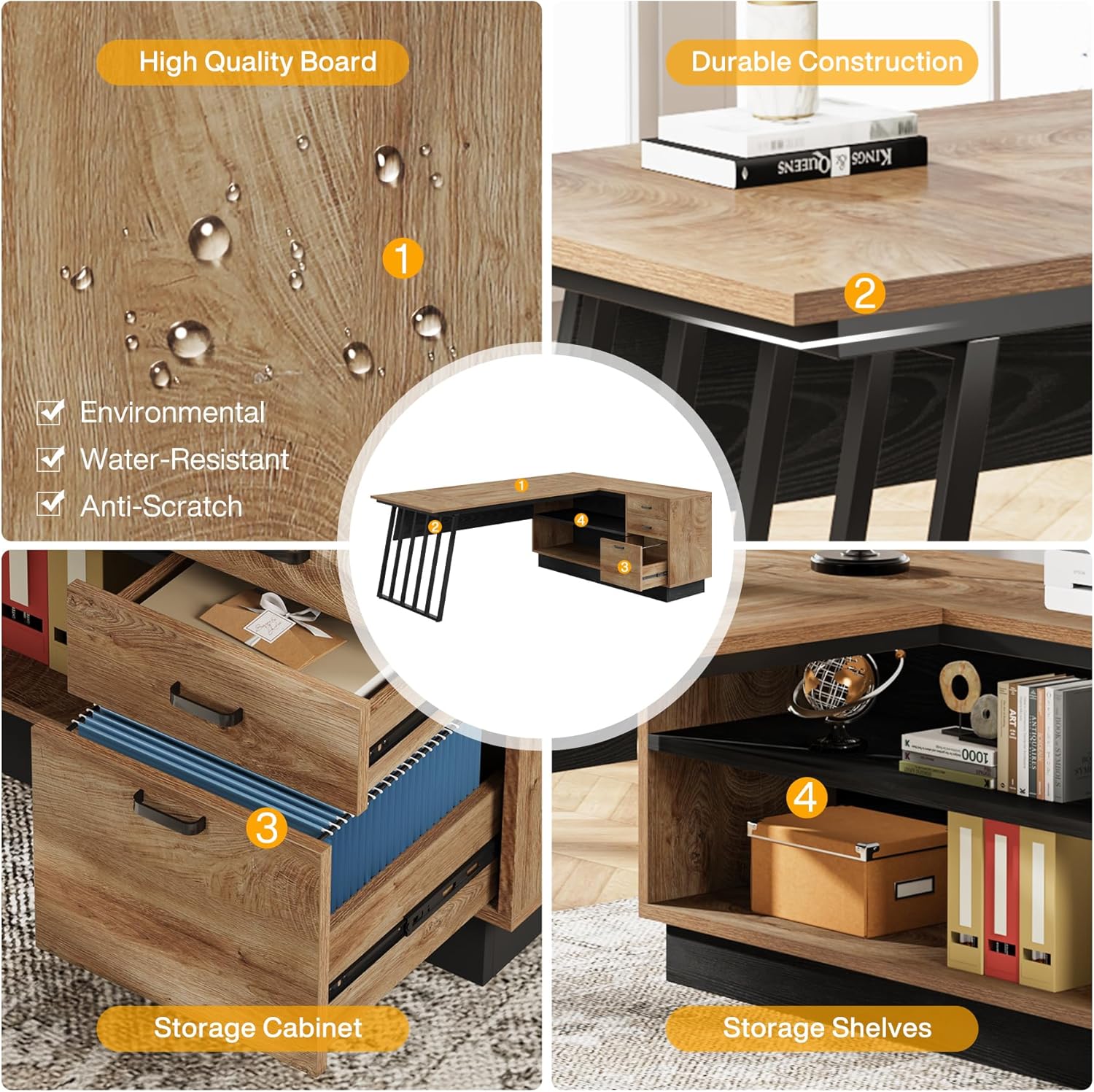 Tribesigns 71-Inch Executive Desk, L-Shaped Desk with Cabinet, Large Office Desk with Drawers and Storage Shelves, Writing Table Computer Desk for Home Office, Oak and Black - Image 7