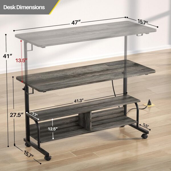 Height Adjustable Standing Desk with Power Outlets, 47" Manual Stand Up Desk with Storage Shelves Small Mobile Rolling Computer Desk Portable Laptop Table with Wheels for Home Office, Grey Oak - Image 3