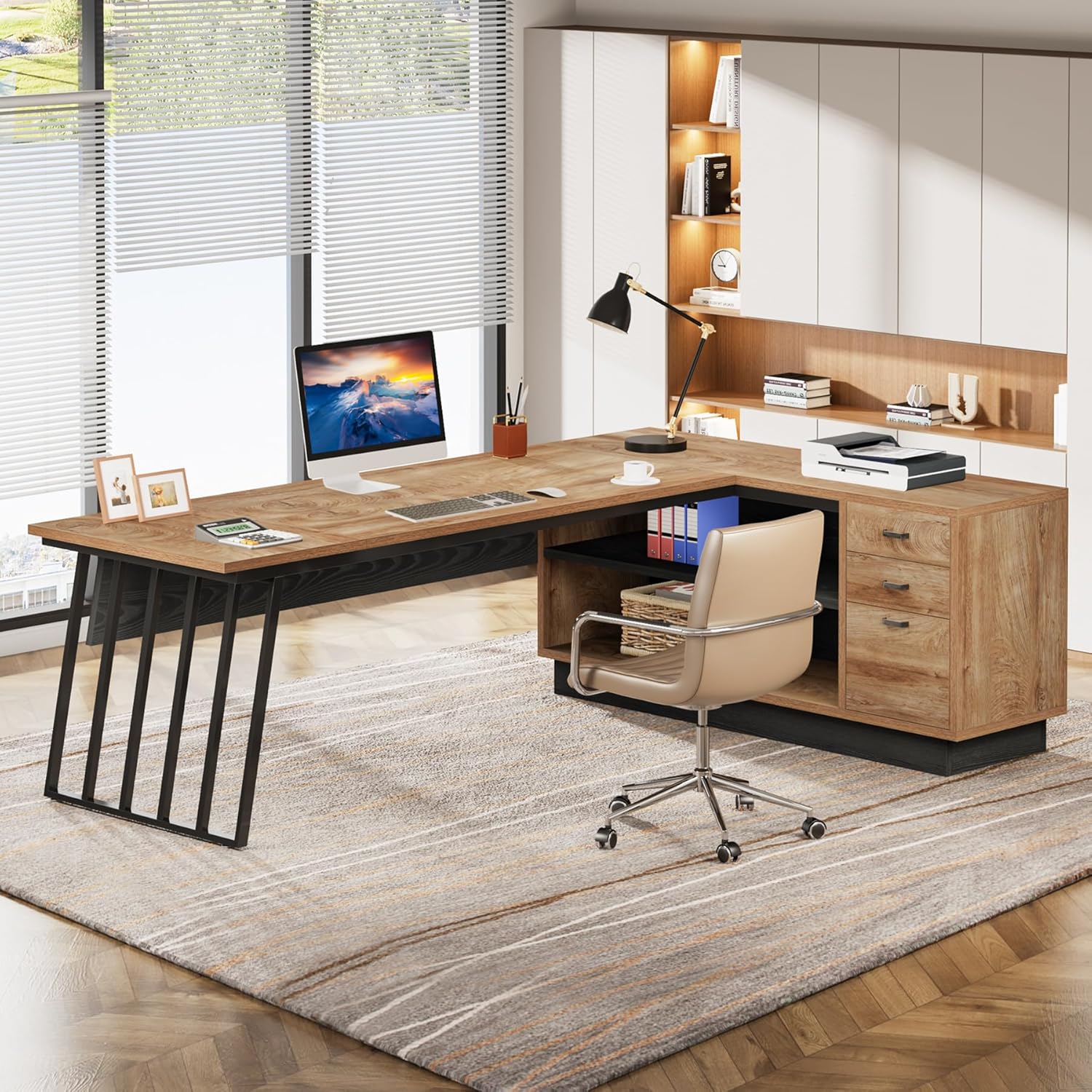 Tribesigns 71-Inch Executive Desk, L-Shaped Desk with Cabinet, Large Office Desk with Drawers and Storage Shelves, Writing Table Computer Desk for Home Office, Oak and Black - Image 8