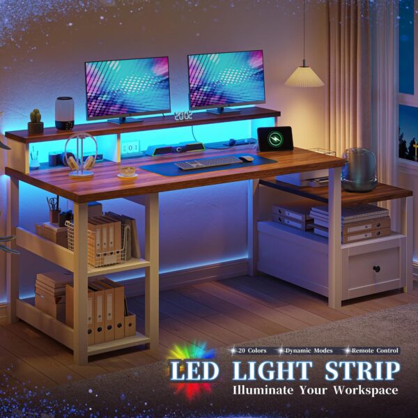 EnHomee 60.4" Computer Desk with Drawer & Storage Shelves, Office Desk with Monitor Stand & Printer Shelf, Farmhouse Study Desk with Power Outlet & LED Light, Work Desk for Home and Study Room, White - Image 8