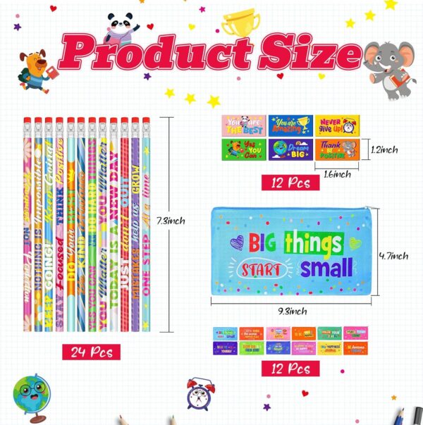 Cinrobiye 48 Pcs Inspirational Gifts Sets Back to School Motivational Quote Pencil Case Pouch Pencils Erasers for Teacher Prizes Goody Bag Filler School Party Favor Supplies (Inspirational) - Image 2