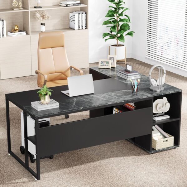 Tribesigns 71 inch Executive Desk, L Shaped Desk with Cabinet Storage, Executive Office Desk with Shelves, Business Furniture Set Workstation for Home Office, Black - Image 5