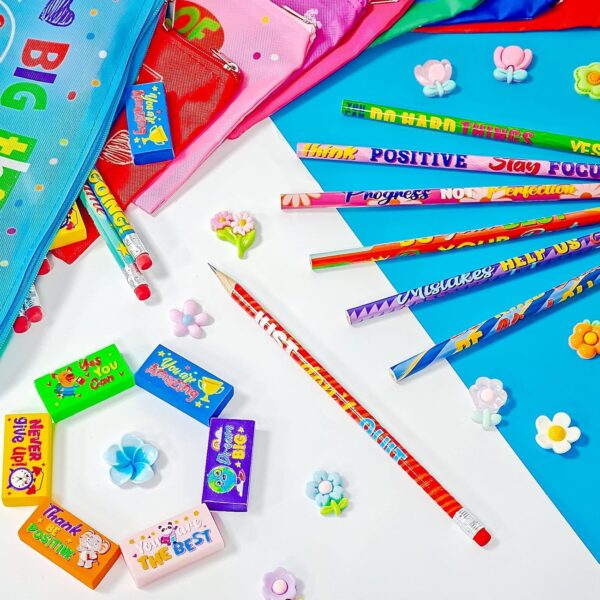 Cinrobiye 48 Pcs Inspirational Gifts Sets Back to School Motivational Quote Pencil Case Pouch Pencils Erasers for Teacher Prizes Goody Bag Filler School Party Favor Supplies (Inspirational) - Image 5