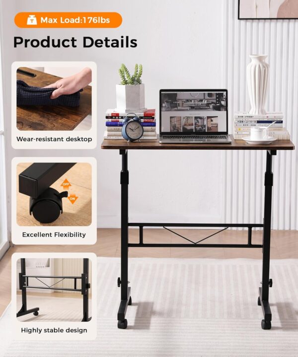 Standing Desk Adjustable Height, Mobile Stand Up Desks with Wheels Small Computer Desks Rolling Desk, Portable Laptop Desks Rustic Standing Table Sit Stand Home Office Desks 16"x31.5" Height 27"-43.5" - Image 5