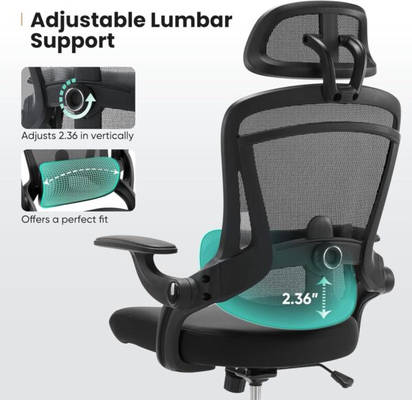 Sweetcrispy Ergonomic High Back Office Chair with 2D Headrest, Up&Down Lumbar Support, Swivel Computer Task Mesh Desk Chairs with Adjustable Flip-up Armrests, Classic Black - Image 4