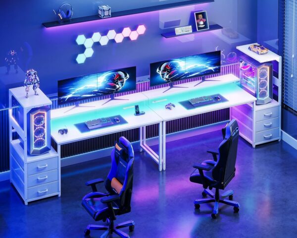 Casaottima 59 Inch Gaming Desk with USB Charging Ports & LED Light - Reversible Computer Desk with 3 Fabric Drawers, Monitor Stand, CPU Stand, and Side Hook, Modern Office Desk, White - Image 8