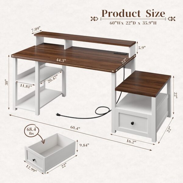 EnHomee 60.4" Computer Desk with Drawer & Storage Shelves, Office Desk with Monitor Stand & Printer Shelf, Farmhouse Study Desk with Power Outlet & LED Light, Work Desk for Home and Study Room, White - Image 2