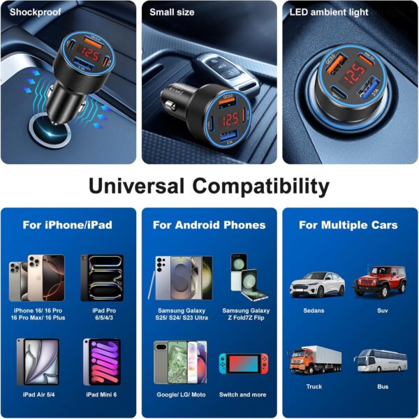 Car Phone Charger USB C,2Pack 4-Port 65W USB C Car Charger Fast Charging Multi Port Cigarette Lighter Adapter with Volt Meter,12V Type C Car Adapter for iPhone 16/16e/15 Pro Max,iPad,Samsung,Android - Image 7