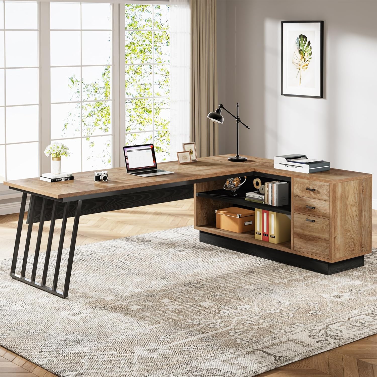 Tribesigns 71-Inch Executive Desk, L-Shaped Desk with Cabinet, Large Office Desk with Drawers and Storage Shelves, Writing Table Computer Desk for Home Office, Oak and Black - Image 4