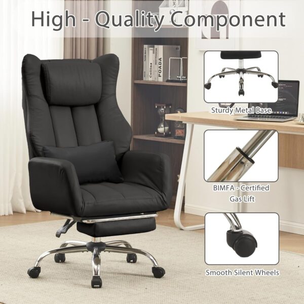 Ergonomic Cross Legged Office Chair with Footrest,Big and Tall Leather Executive Chair with Reversible Armrest,Lumbar Pillow and Wheels,135° Reclining Computer Wide Desk Chair for Home,Office (Black) - Image 7