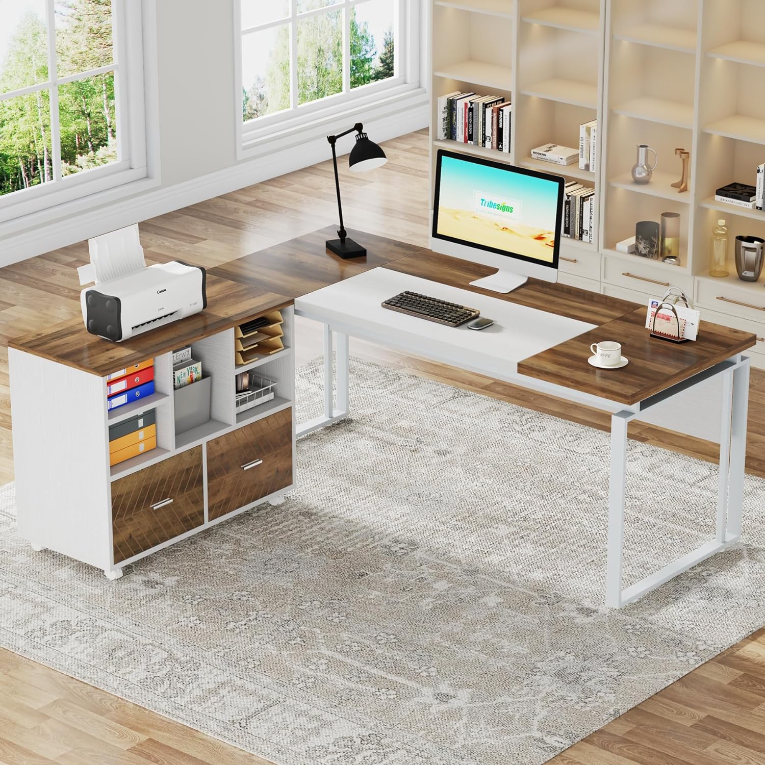 Tribesigns L-Shaped Executive Desk with Reversible File Cabinet, 63" Office Desk with Storage Drawers, Computer Desk Set (Oak Karo & White) - Image 3