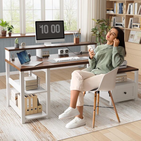 EnHomee 60.4" Computer Desk with Drawer & Storage Shelves, Office Desk with Monitor Stand & Printer Shelf, Farmhouse Study Desk with Power Outlet & LED Light, Work Desk for Home and Study Room, White - Image 5