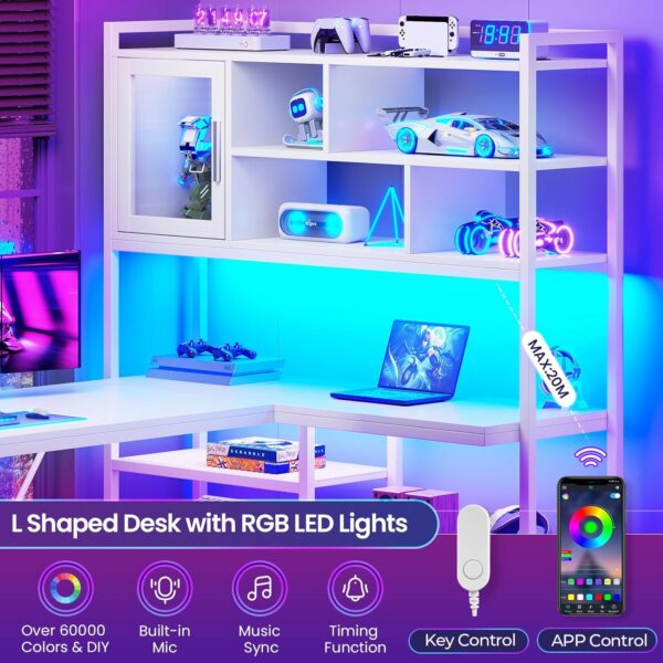 SEDETA L Shaped Computer Desk, 58'' Office Desk with LED Light and Bookshelf, L Shaped Corner Desk with Storage Shelves for Home Office, Gaming Desk, L Desk, White - Image 9