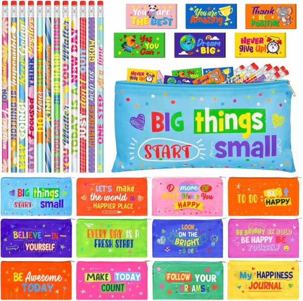 Cinrobiye 48 Pcs Inspirational Gifts Sets Back to School Motivational Quote Pencil Case Pouch Pencils Erasers for Teacher Prizes Goody Bag Filler School Party Favor Supplies (Inspirational)