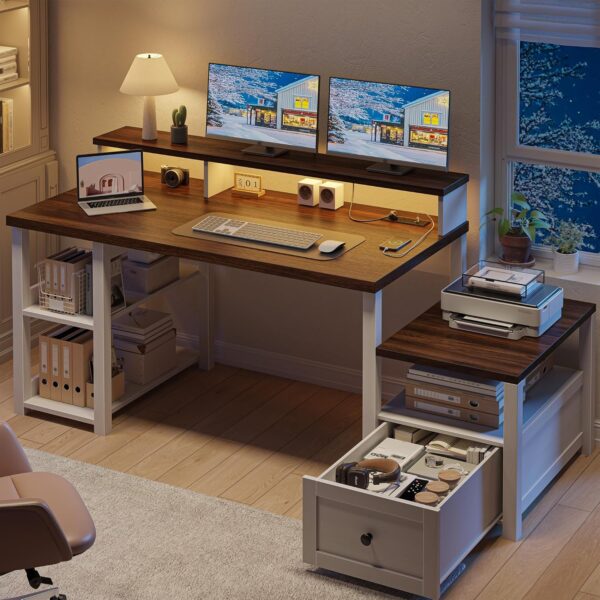 EnHomee 60.4" Computer Desk with Drawer & Storage Shelves, Office Desk with Monitor Stand & Printer Shelf, Farmhouse Study Desk with Power Outlet & LED Light, Work Desk for Home and Study Room, White