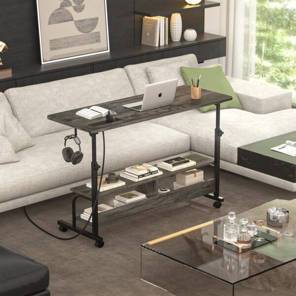 Height Adjustable Standing Desk with Power Outlets, 47" Manual Stand Up Desk with Storage Shelves Small Mobile Rolling Computer Desk Portable Laptop Table with Wheels for Home Office, Grey Oak - Image 8