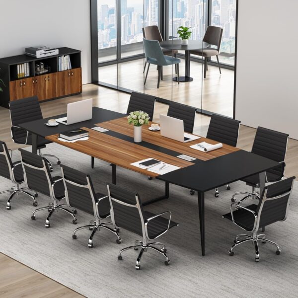 Tribesigns 8FT Conference Table, 94.48L x 47.24W x 29.52H Inches Boat Shaped Meeting Table with Rectangle Grommet, Modern Seminar Boardroom Table for Office Conference Room (8ft, Walnut & Black) - Image 4