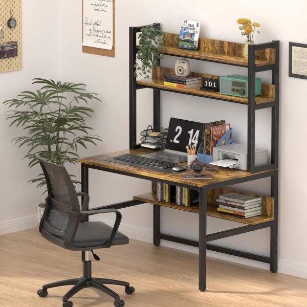 Aquzee Computer Desk with Hutch, 47“W x 23.6" D Desk with Shelves, Tall Home Office Desk with Bookshelf, Metal Legs Study Table with Upper Storage Shelf for Study Writing/Workstation - Image 2