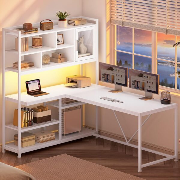 SEDETA L Shaped Computer Desk, 58'' Office Desk with LED Light and Bookshelf, L Shaped Corner Desk with Storage Shelves for Home Office, Gaming Desk, L Desk, White - Image 3