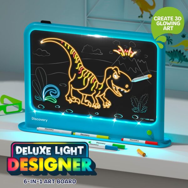 Discovery™ Deluxe Light Designer 6-In-1 Art Board – Includes 3D Glasses, 6 Washable Markers, Templates, 12 Light Modes| Kids Drawing Tablet, LED Scribble Doodle Electronic Drawing Pad Activity Toy Set - Image 2