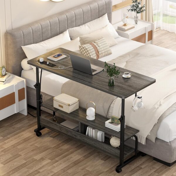 Height Adjustable Standing Desk with Power Outlets, 47" Manual Stand Up Desk with Storage Shelves Small Mobile Rolling Computer Desk Portable Laptop Table with Wheels for Home Office, Grey Oak - Image 7