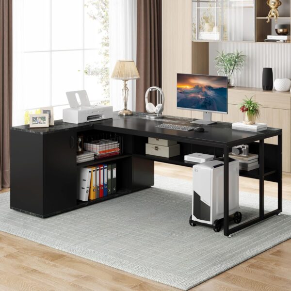 Tribesigns 71 inch Executive Desk, L Shaped Desk with Cabinet Storage, Executive Office Desk with Shelves, Business Furniture Set Workstation for Home Office, Black - Image 4