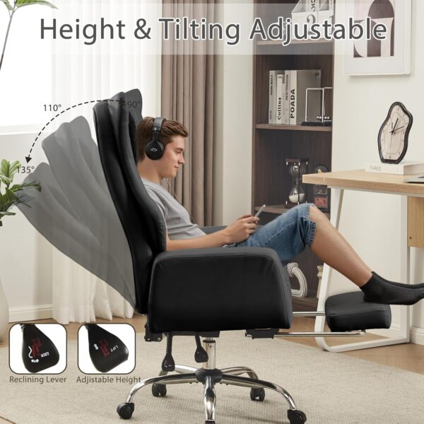 Ergonomic Cross Legged Office Chair with Footrest,Big and Tall Leather Executive Chair with Reversible Armrest,Lumbar Pillow and Wheels,135° Reclining Computer Wide Desk Chair for Home,Office (Black) - Image 6