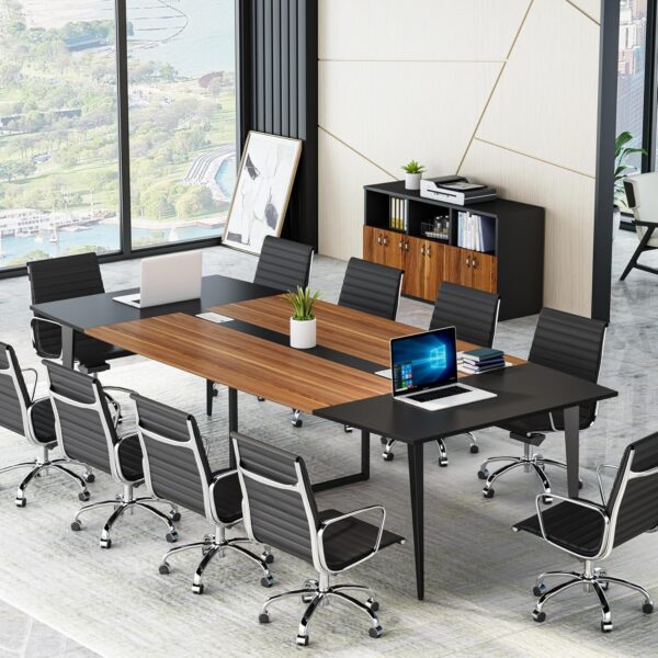 Tribesigns 8FT Conference Table, 94.48L x 47.24W x 29.52H Inches Boat Shaped Meeting Table with Rectangle Grommet, Modern Seminar Boardroom Table for Office Conference Room (8ft, Walnut & Black) - Image 3