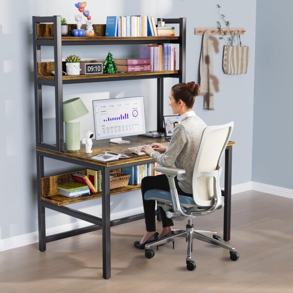 Aquzee Computer Desk with Hutch, 47“W x 23.6" D Desk with Shelves, Tall Home Office Desk with Bookshelf, Metal Legs Study Table with Upper Storage Shelf for Study Writing/Workstation - Image 7