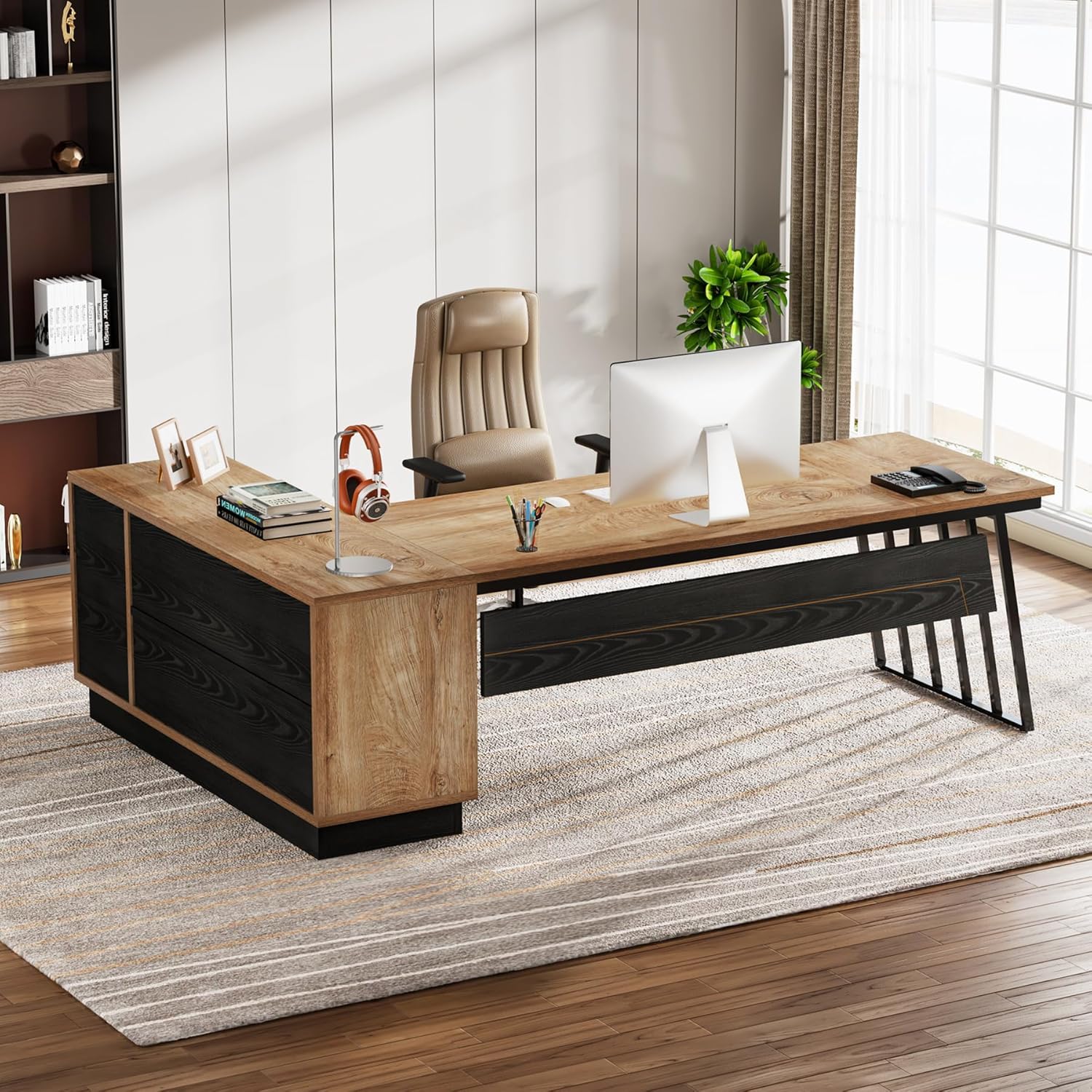 Tribesigns 71-Inch Executive Desk, L-Shaped Desk with Cabinet, Large Office Desk with Drawers and Storage Shelves, Writing Table Computer Desk for Home Office, Oak and Black - Image 6