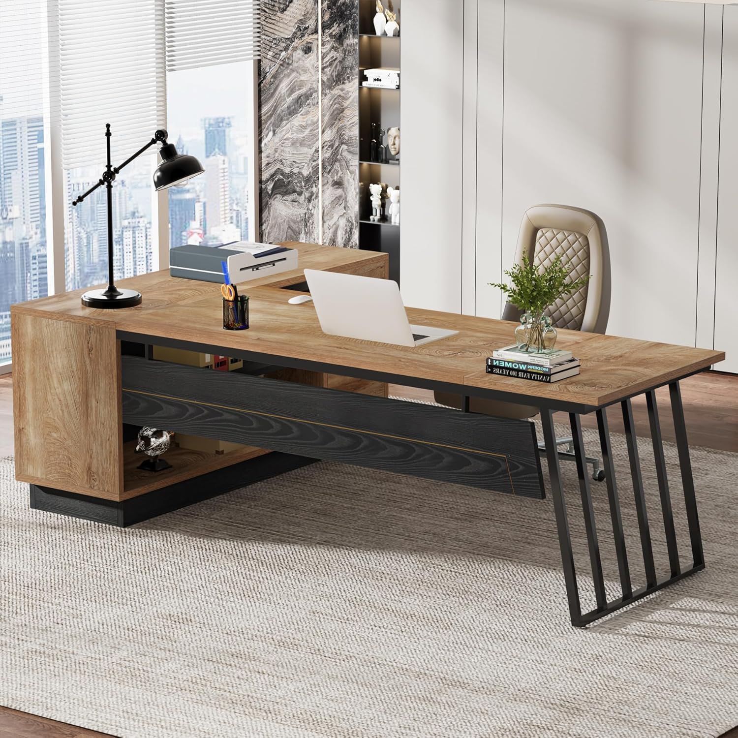 Tribesigns 71-Inch Executive Desk, L-Shaped Desk with Cabinet, Large Office Desk with Drawers and Storage Shelves, Writing Table Computer Desk for Home Office, Oak and Black - Image 3