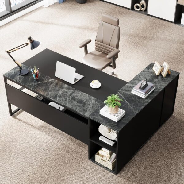 Tribesigns 71 inch Executive Desk, L Shaped Desk with Cabinet Storage, Executive Office Desk with Shelves, Business Furniture Set Workstation for Home Office, Black - Image 3