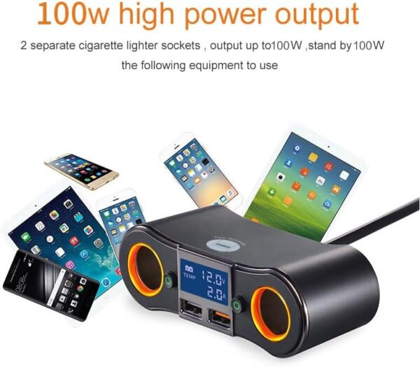2 Socket Cigarette Lighter Splitter Dual USB Quick Car Charger Adapter with LED Voltage Display and on/Off Switch for iPhone - Image 3