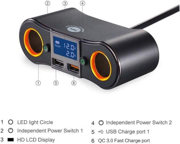 2 Socket Cigarette Lighter Splitter Dual USB Quick Car Charger Adapter with LED Voltage Display and on/Off Switch for iPhone - Image 8